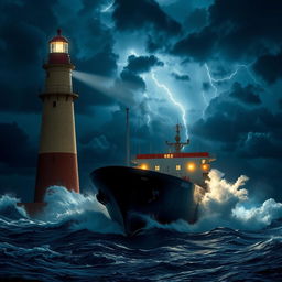 A lighthouse illuminating a merchant ship amid a fierce storm at sea under the midnight sky