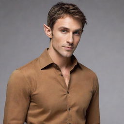 Adjust the mysterious elf-like figure by scaling down the size of his elegant ears, subtly complementing his messy brown hair, sharp jawline, lean physique, and caramel-brown shirt.