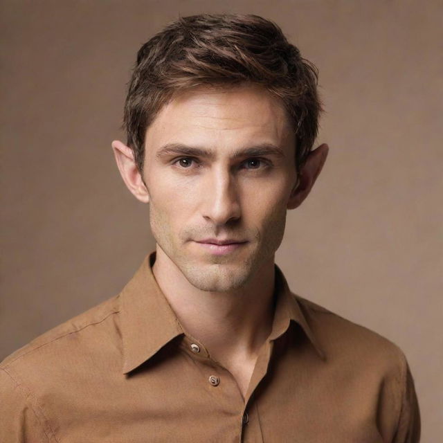 Adjust the mysterious elf-like figure by scaling down the size of his elegant ears, subtly complementing his messy brown hair, sharp jawline, lean physique, and caramel-brown shirt.