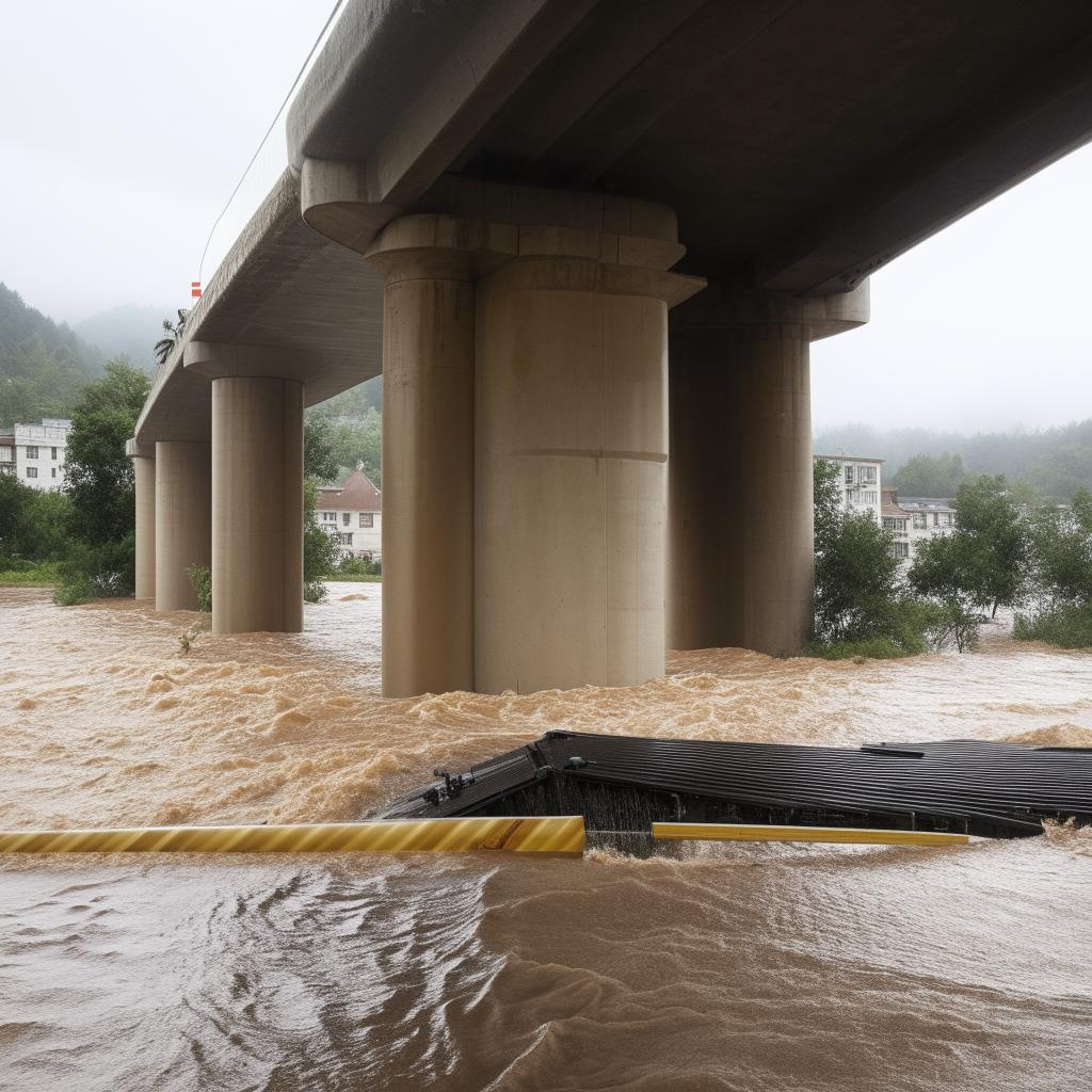 A flood overwhelming a one-lane, road-level bridge, showcasing the dramatic interaction between nature's force and human-made infrastructure.