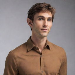 Adjust the mysterious elf-like figure by scaling down the size of his elegant ears, subtly complementing his messy brown hair, sharp jawline, lean physique, and caramel-brown shirt.