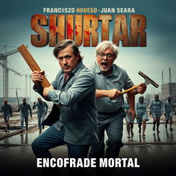 A horror movie poster featuring two bloodied male architects in a dynamic action pose at the center