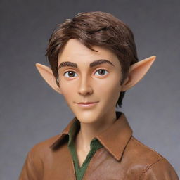 Transform the elfen figure to project even more youthful energy, while his brown hair becomes delightfully messy, maintaining his subtle elf ears, sharp jawline, lean physique, and stylish caramel-brown shirt.