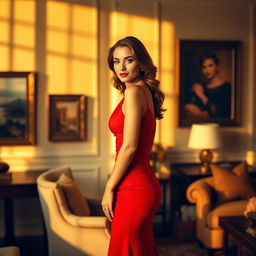 A stunning model wearing an elegant red dress, standing gracefully in a warmly lit room