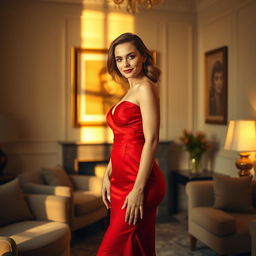 A stunning model wearing an elegant red dress, standing gracefully in a warmly lit room