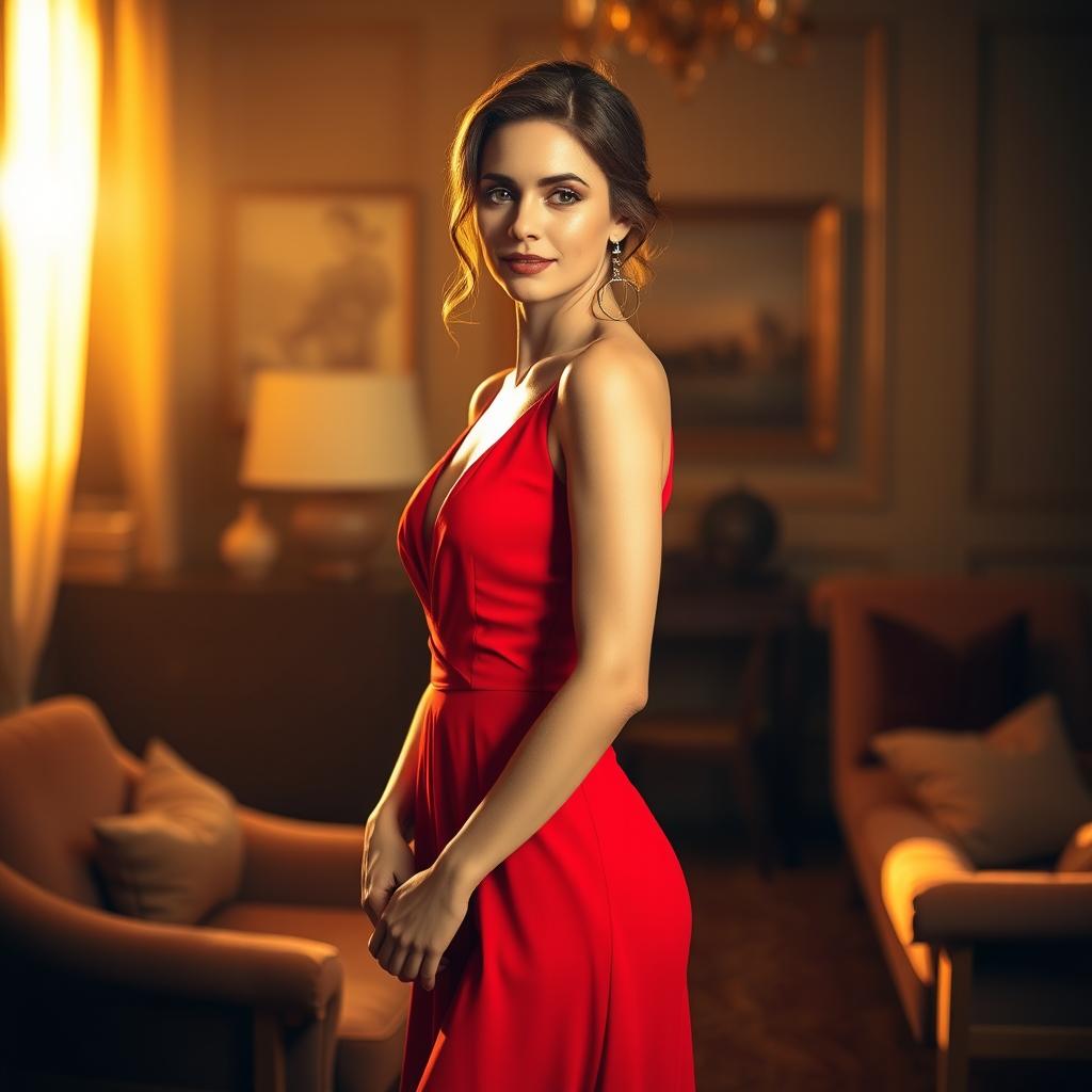 A stunning model wearing an elegant red dress, standing gracefully in a warmly lit room