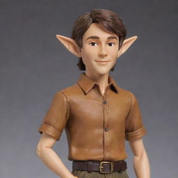 Transform the elfen figure to project even more youthful energy, while his brown hair becomes delightfully messy, maintaining his subtle elf ears, sharp jawline, lean physique, and stylish caramel-brown shirt.