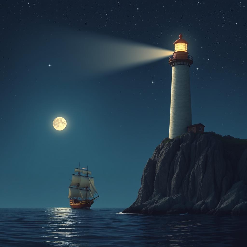 A lighthouse casting its bright beam on a merchant ship sailing through the night