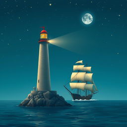 A lighthouse casting its bright beam on a merchant ship sailing through the night