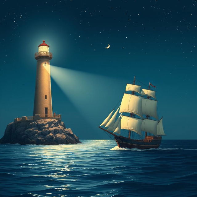 A lighthouse casting its bright beam on a merchant ship sailing through the night