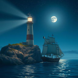 A lighthouse casting its bright beam on a merchant ship sailing through the night
