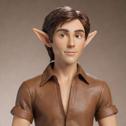 Transform the elfen figure to project even more youthful energy, while his brown hair becomes delightfully messy, maintaining his subtle elf ears, sharp jawline, lean physique, and stylish caramel-brown shirt.