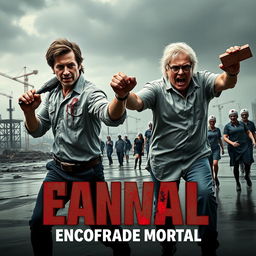 A horror movie poster featuring two bloodied male architects, Francisco Hueso and Juan Seara, in a dynamic action pose at the center