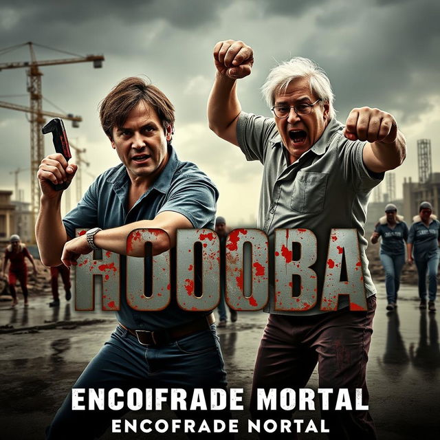 A horror movie poster featuring two bloodied male architects, Francisco Hueso and Juan Seara, in a dynamic action pose at the center