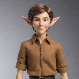 Transform the elfen figure to project even more youthful energy, while his brown hair becomes delightfully messy, maintaining his subtle elf ears, sharp jawline, lean physique, and stylish caramel-brown shirt.