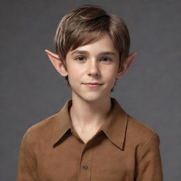 Shift the style of the young elfen boy—messy brown hair, small elf ears, sharp jawline, lean physique and his stylish caramel-brown shirt—into a more realistic and photorealistic rendering.