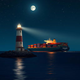 A lighthouse casting its bright light upon a large container ship sailing through the night
