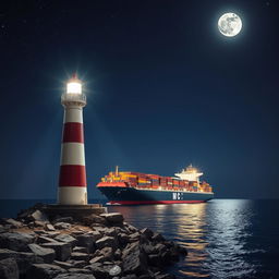 A lighthouse casting its bright light upon a large container ship sailing through the night