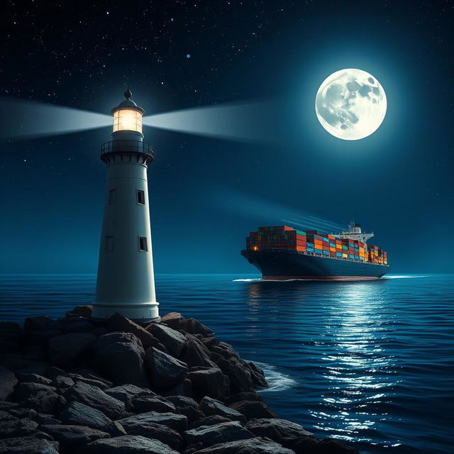 A lighthouse casting its bright light upon a large container ship sailing through the night