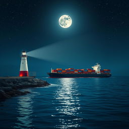 A lighthouse casting its bright light upon a large container ship sailing through the night