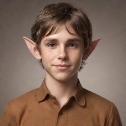 Shift the style of the young elfen boy—messy brown hair, small elf ears, sharp jawline, lean physique and his stylish caramel-brown shirt—into a more realistic and photorealistic rendering.