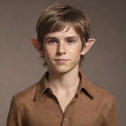 Shift the style of the young elfen boy—messy brown hair, small elf ears, sharp jawline, lean physique and his stylish caramel-brown shirt—into a more realistic and photorealistic rendering.