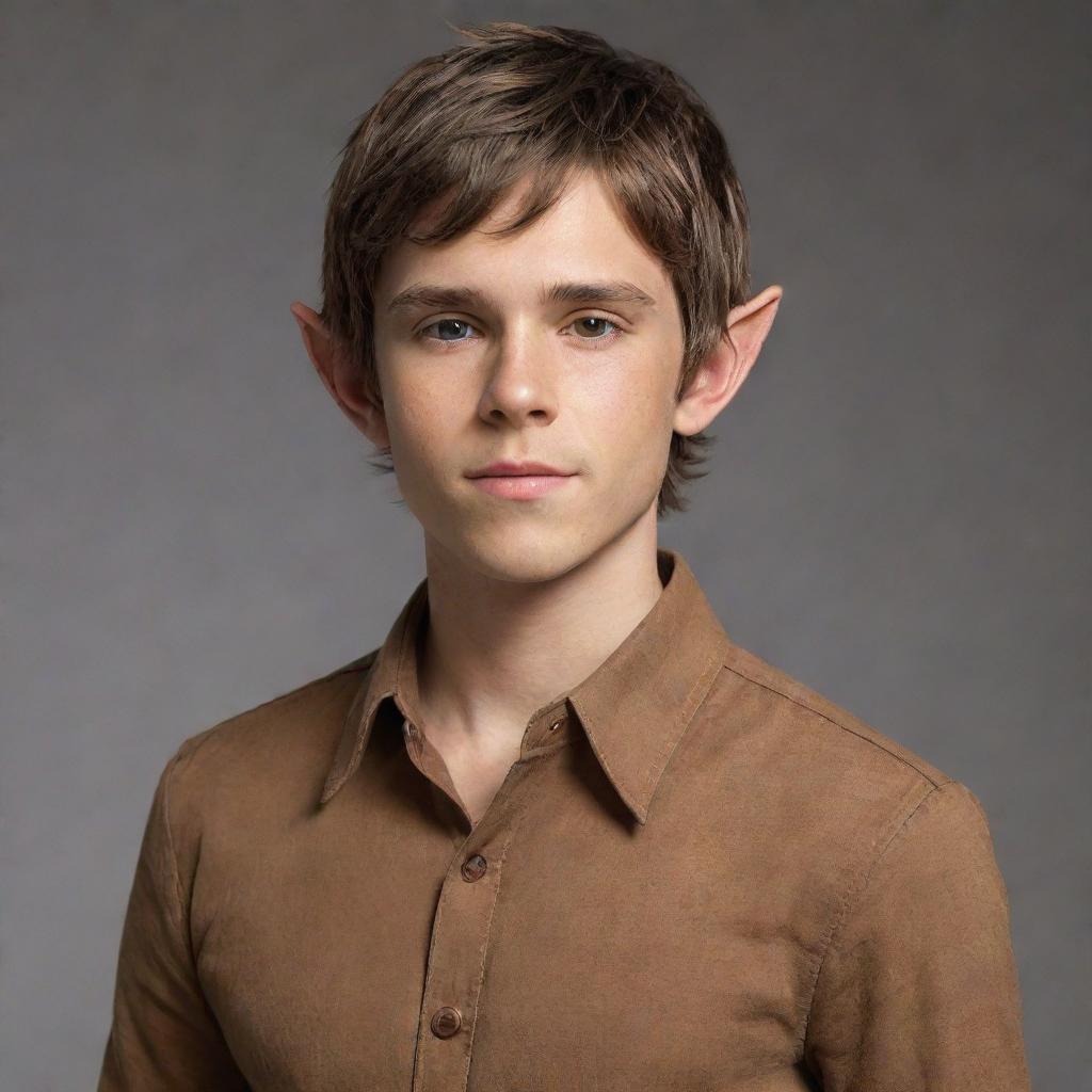 Shift the style of the young elfen boy—messy brown hair, small elf ears, sharp jawline, lean physique and his stylish caramel-brown shirt—into a more realistic and photorealistic rendering.