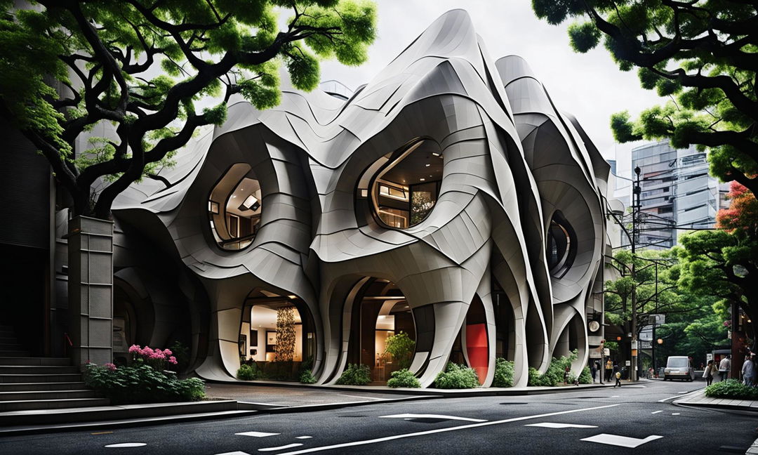 An ultra-elegant, origami-inspired architectural house with balconies, crafted from folded concrete, graces a beautifully landscaped Tokyo street. Captured in 32k HD cinema photography.