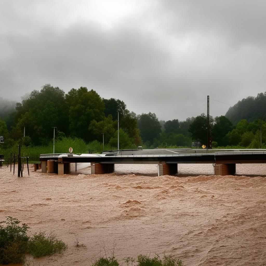 A flood overwhelming a one-lane, road-level bridge, showcasing the dramatic interaction between nature's force and human-made infrastructure.