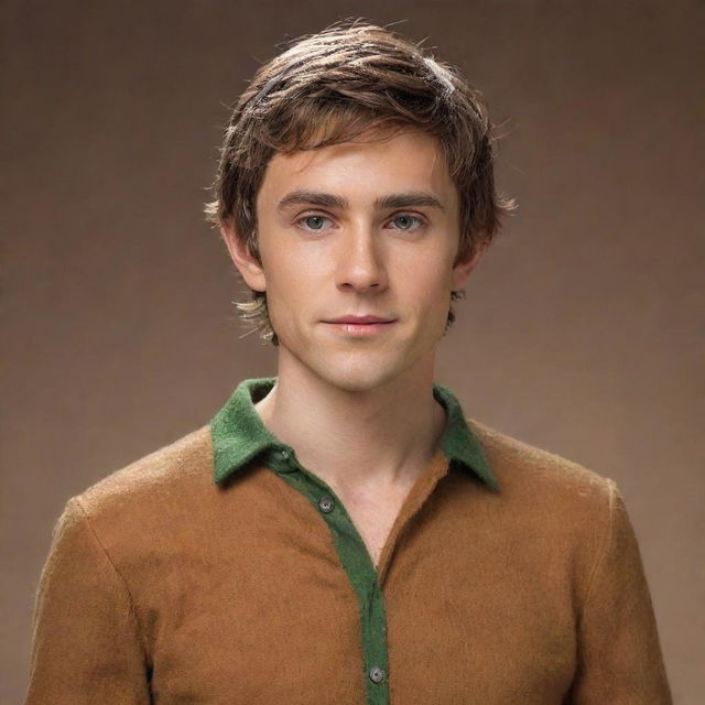 Mature the realistically portrayed elf boy slightly, infusing him with the energy and aura of a late teen, while balancing his messy brown hair, small elf ears, sharp jawline, lean physique, and stylish caramel-brown shirt.