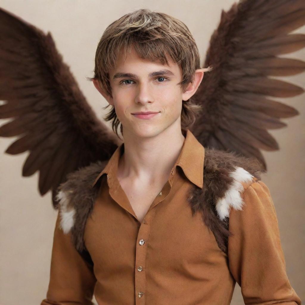 Elevate the late-teen elf boy to mythical status by adorning him with graceful feathered wings, gracefully contrasting with his messy brown hair, small elf ears, sharp jawline, lean physique, and stylish caramel-brown shirt.