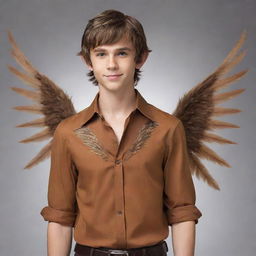 Elevate the late-teen elf boy to mythical status by adorning him with graceful feathered wings, gracefully contrasting with his messy brown hair, small elf ears, sharp jawline, lean physique, and stylish caramel-brown shirt.