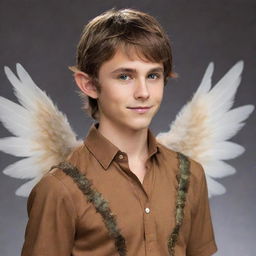 Elevate the late-teen elf boy to mythical status by adorning him with graceful feathered wings, gracefully contrasting with his messy brown hair, small elf ears, sharp jawline, lean physique, and stylish caramel-brown shirt.