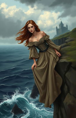 A beautiful damsel in distress, wearing an elegant medieval gown with intricate embroidery and flowing sleeves, sitting on the edge of a cliff