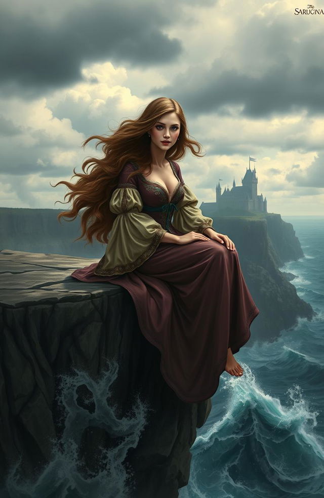 A beautiful damsel in distress, wearing an elegant medieval gown with intricate embroidery and flowing sleeves, sitting on the edge of a cliff