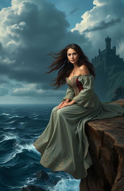 A beautiful damsel in distress, wearing an elegant medieval gown with intricate embroidery and flowing sleeves, sitting on the edge of a cliff
