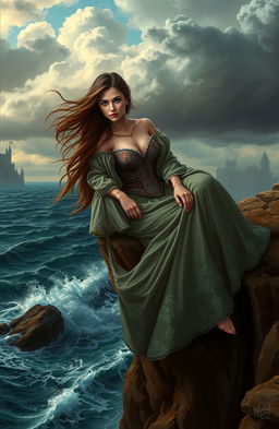 A beautiful damsel in distress, wearing an elegant medieval gown with intricate embroidery and flowing sleeves, sitting on the edge of a cliff