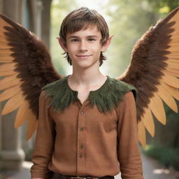 Elevate the late-teen elf boy to mythical status by adorning him with graceful feathered wings, gracefully contrasting with his messy brown hair, small elf ears, sharp jawline, lean physique, and stylish caramel-brown shirt.