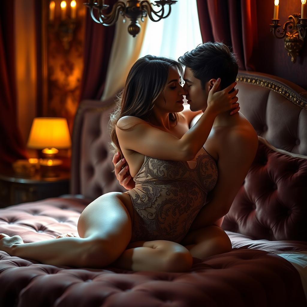 A sensual and intimate scene featuring a couple embracing passionately on a plush velvet bed