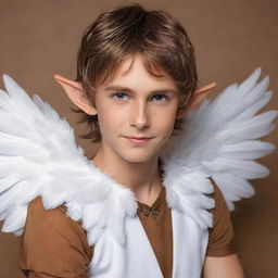 Enlarge and transform the wings of the mythical elf boy into grand, pure white feathers that radiate serenity and contrast elegantly with his messy brown hair, small elf ears, sharp jawline, lean physique, and stylish caramel-brown shirt.