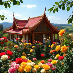 A beautiful Thai-inspired house in the countryside, featuring traditional Thai architectural elements such as steep roofs, wooden beams, and vibrant colors
