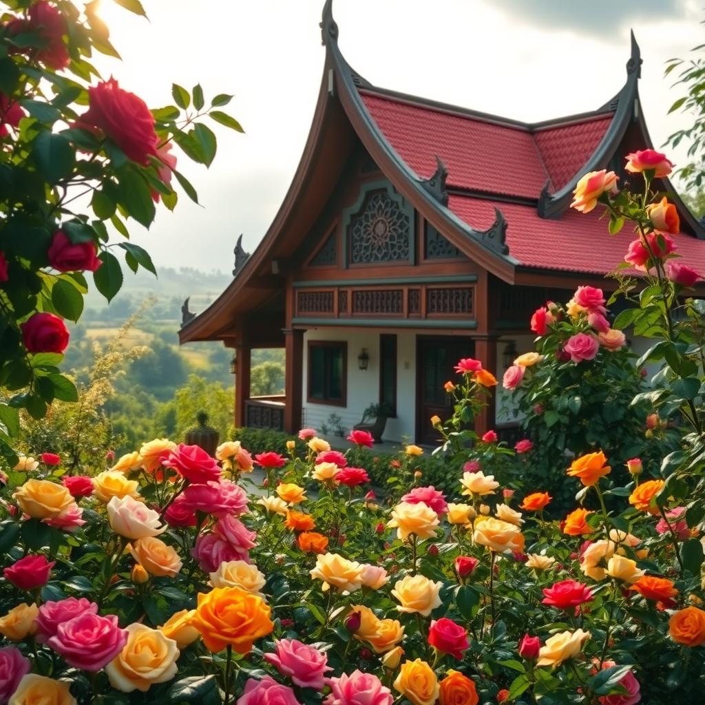 A beautiful Thai-inspired house in the countryside, featuring traditional Thai architectural elements such as steep roofs, wooden beams, and vibrant colors