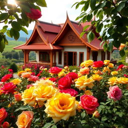 A beautiful Thai-inspired house in the countryside, featuring traditional Thai architectural elements such as steep roofs, wooden beams, and vibrant colors