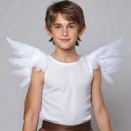 Enlarge and transform the wings of the mythical elf boy into grand, pure white feathers that radiate serenity and contrast elegantly with his messy brown hair, small elf ears, sharp jawline, lean physique, and stylish caramel-brown shirt.