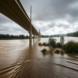 A flood overwhelming a one-lane, road-level bridge, showcasing the dramatic interaction between nature's force and human-made infrastructure.