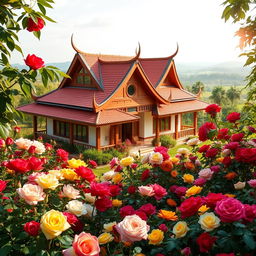 A beautiful Thai-inspired house in the countryside, featuring traditional Thai architectural elements such as steep roofs, wooden beams, and vibrant colors