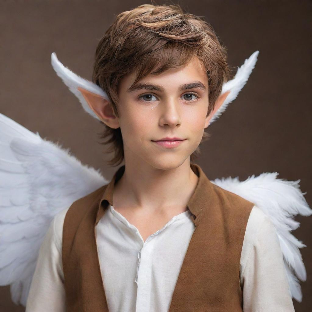 Enlarge and transform the wings of the mythical elf boy into grand, pure white feathers that radiate serenity and contrast elegantly with his messy brown hair, small elf ears, sharp jawline, lean physique, and stylish caramel-brown shirt.