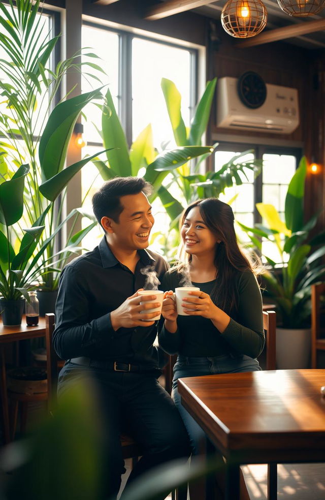 A romantic scene in a cozy cafe in the Philippines, depicting two people on a date holding cups of coffee