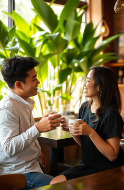 A romantic scene in a cozy cafe in the Philippines, depicting two people on a date holding cups of coffee