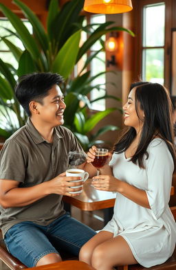 A romantic scene in a cozy cafe in the Philippines, depicting two people on a date holding cups of coffee